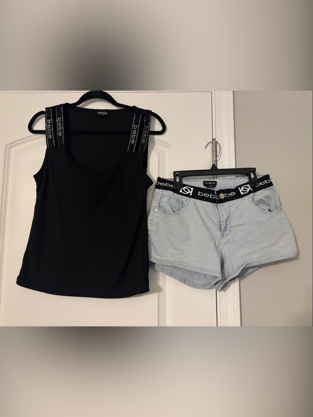 bebe Black Ribbed Tank with Light Wash Denim Shorts ( 2 Piece Y2Y Set) worn once